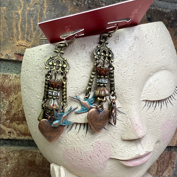 Vintage copper Heart and Bird Dangle Earrings - Picture 1 of 5